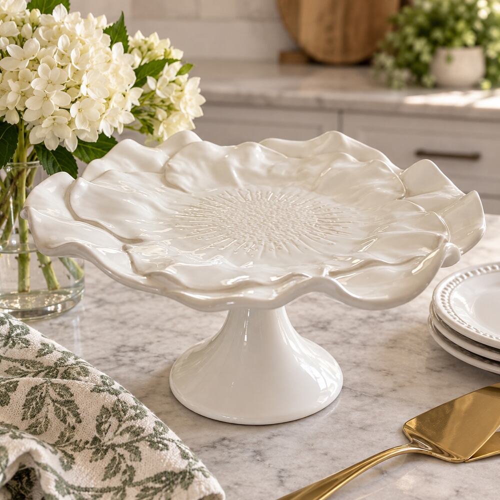 Pottery Barn White Ceramic Flower Petal Pedestal Cake Stand Scalloped Vintage